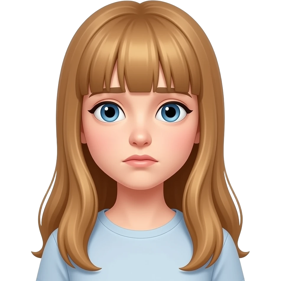 a young woman with long light brown hair and fringe and blue eyes  is bored emoji