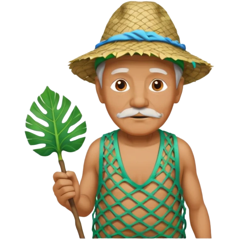 Hawaiian old man with leaf hat and big trash net and colorful cloth emoji