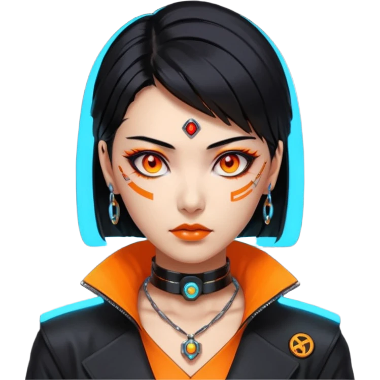 Cyberpunk Japanese woman, mid-50s looking young, sharp features, sleek black hair, glowing orange eyes, expensive tech jewelry, vengeful expression, neon highlights, dark background. emoji