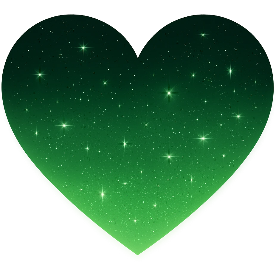 Modify the heart with a night sky gradient to a green night theme with a green gradient, more stars, and a soft glow. Remove the background entirely  emoji