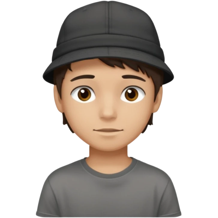 Create a teen boy wearing a faded black T-shirt. He will have brunette hair, tan skin, and dark brown eyes. He is wearing a gray hat turned backwards. emoji