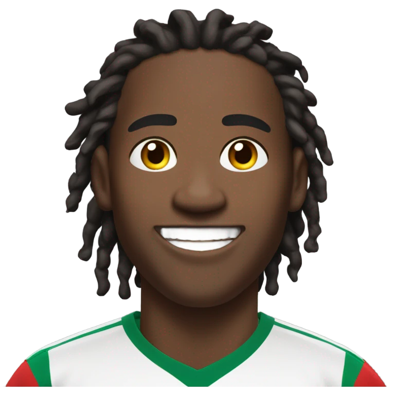  Young black man- 4 inch short black nappy messy dread locks-  low eyebrows - low eyes - no facial hair laughing Portugal jersey lean crazy smile  emoji