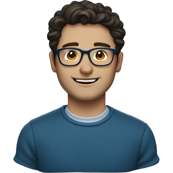 wavy short dark hair, white guy with dark blue sweater, charming, smiling, blue glasses emoji