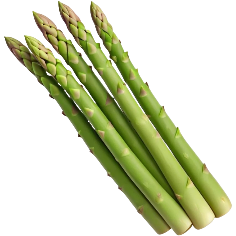 asparagus spears, bundled, green with tight pointed tips, stalks fade to pale at base, smooth surface, faint vertical ridges, natural color, stems aligned and slightly curved, no string or garnish, soft lighting, emoji scale emoji