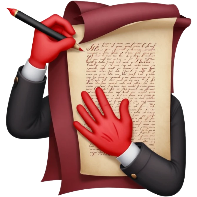 Minimalist emoji-style sticker of a pale hand signing a parchment contract titled “YOUR SOUL” in gothic font, muted red ink, grayscale background emoji