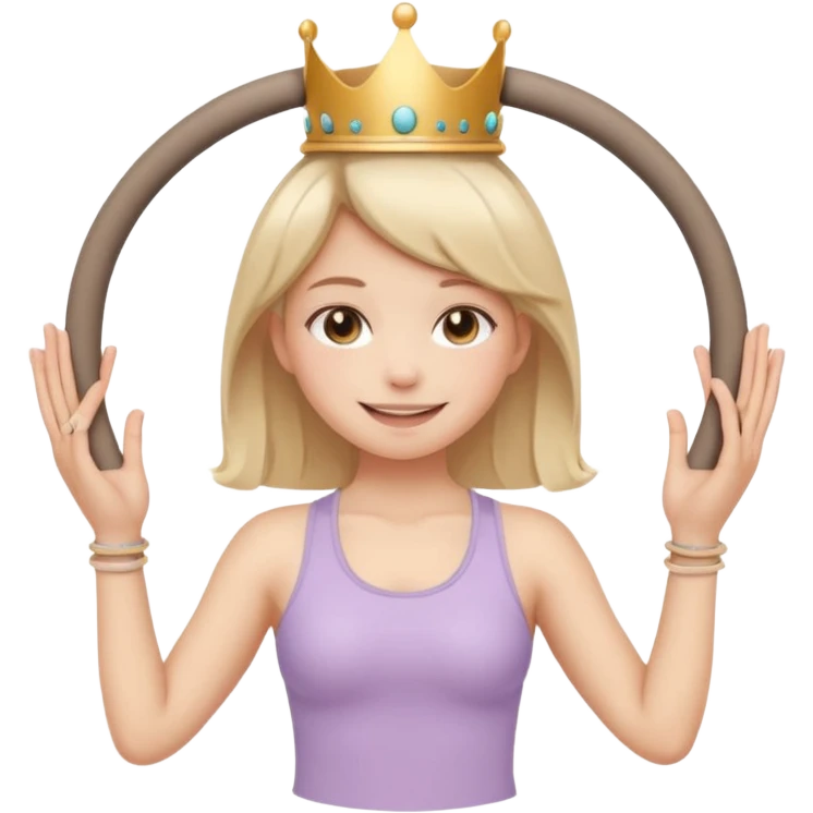 Cute emoji sticker of a girl holding a Pilates ring (magic circle) with both hands, squeezing it. She is smiling, wearing a tiny crown and beige activewear. Pastel accents, kawaii style, clean white outline, transparent background. emoji