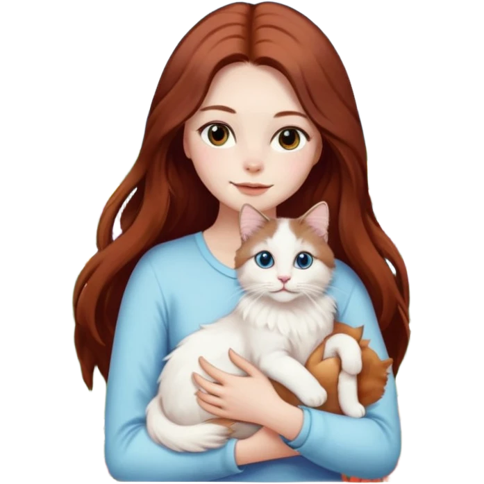 A woman with long dark auburn hair holding a white ragdoll cat in a field of flowers emoji