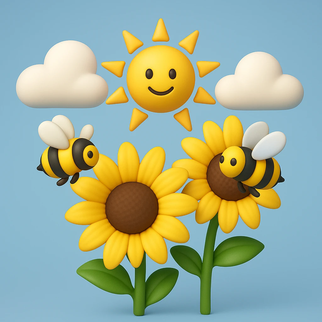 3D iOS style emoji of sunflowers with bees, a sun, and clouds in the background emoji