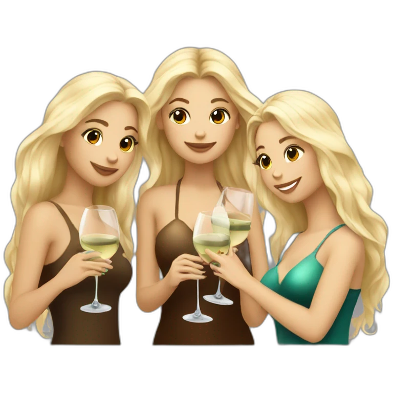 Three beautiful mermaids (one blond and two brown hair) drinking wine emoji