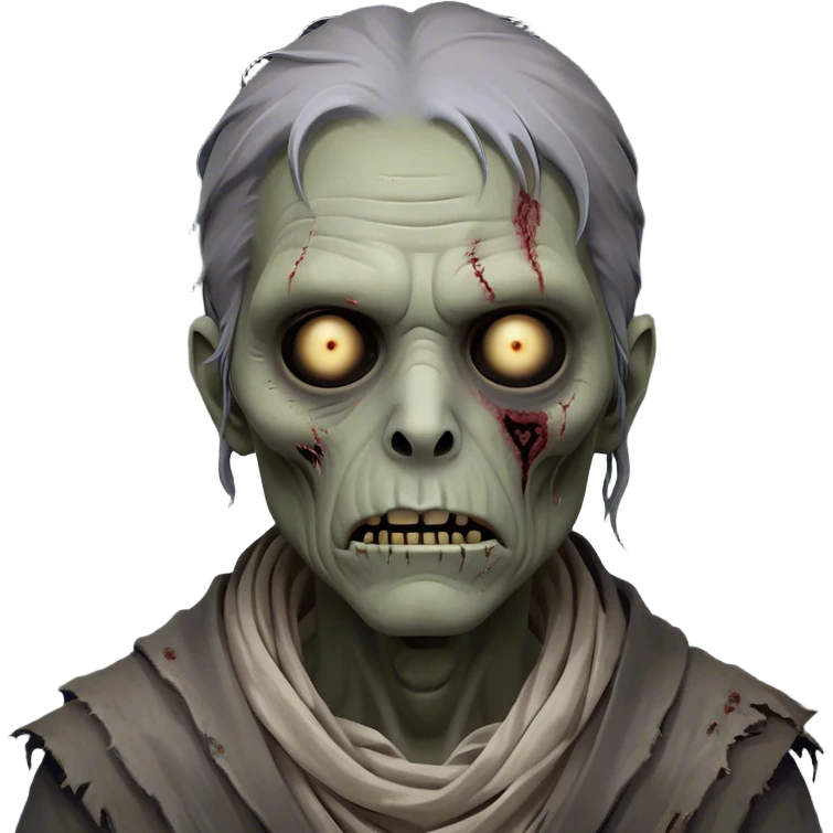 Cinematic Noble Zombie Portrait Emoji, Surprisingly dignified and somber, with a decaying yet strangely regal visage in ashen grays and muted tones, draped in tattered attire hinting at a lost grandeur, simplified yet meticulously detailed, glowing with a soft, eerie radiance and a gentle outline that evokes the tragic nobility of the undead! emoji
