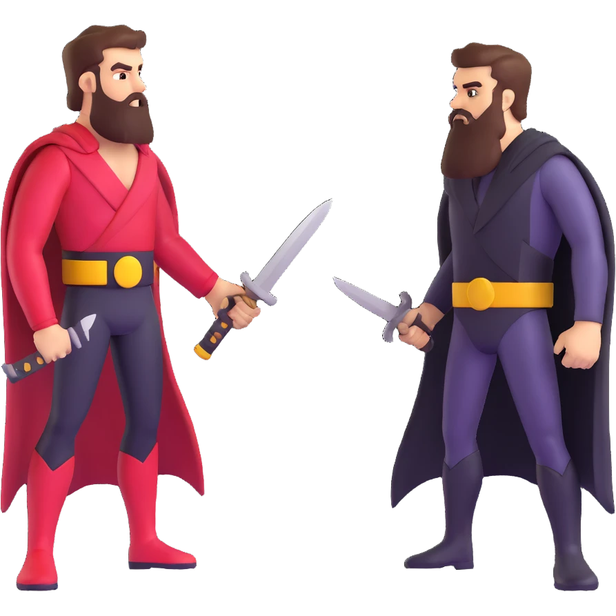 superhero comic cover with bearded hero facing off against razor-wielding villain, dramatic lighting emoji