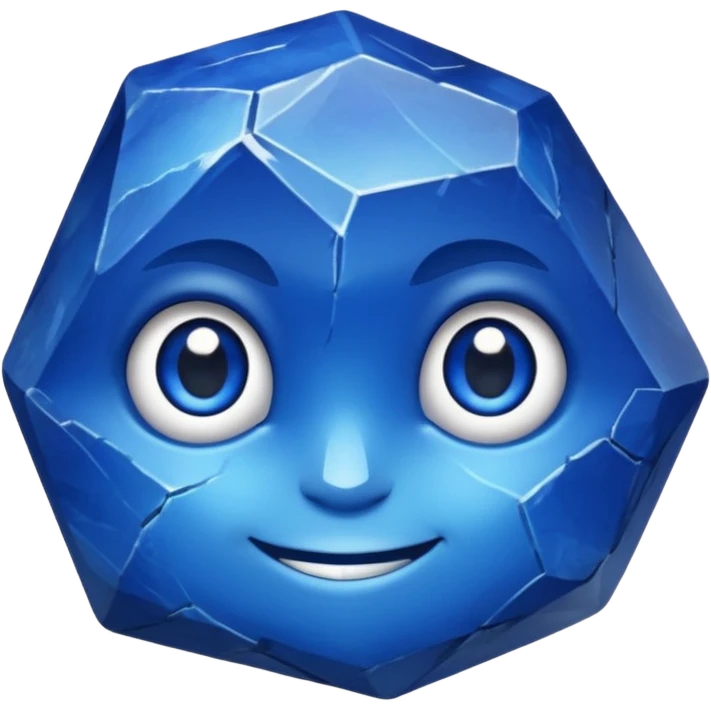 A single sapphire-blue faceted rock head, chunky and worn, with a few visible cracks and chipped facets but still shiny, big kind eyes and a confident smile, 3 emoji