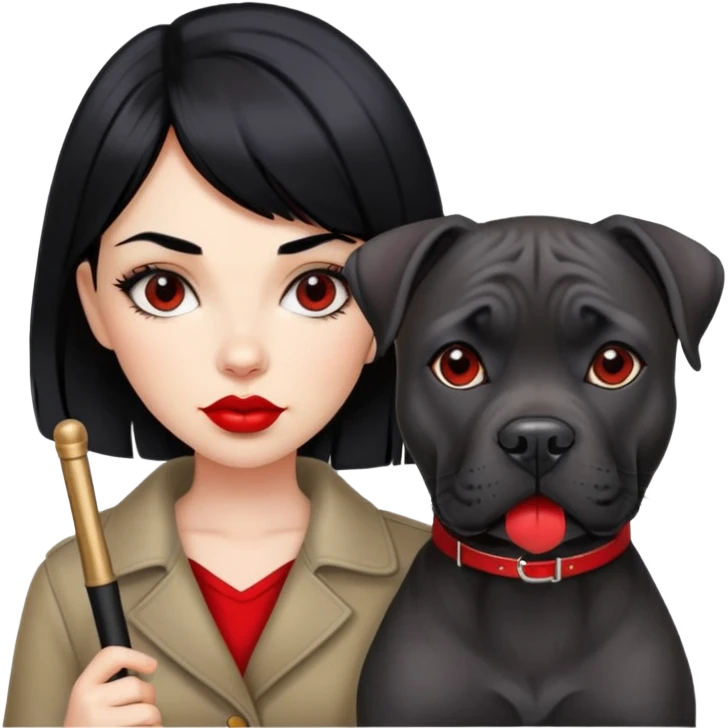 Fashionable girl with black hair and red lips with a Cane Corso dog emoji