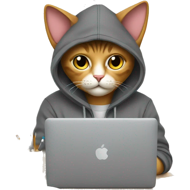cat is a graphic designer in a hoodie and headphones, working at a computer in photoshop emoji