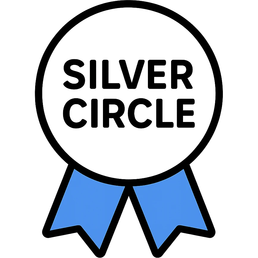 silver circle with blue ribbon and words 'Silver Circle' subtly integrated, symbolizing supportive community for professionals 45+, modern positive vibe emoji