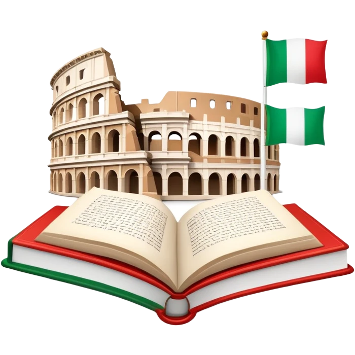 An icon featuring the Colosseum and the flag of Italy, symbolizing the Italian language. The design includes an open book with Italian phrases and a gondola, representing language learning and cultural exploration. Transparent background emoji
