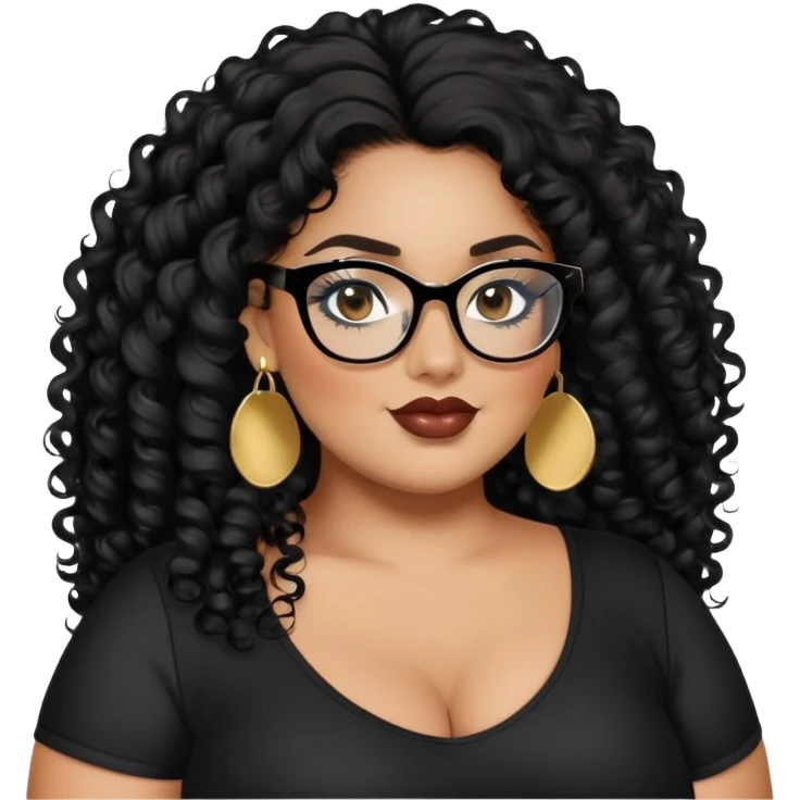 big plus size, latina, darker tan skin, long black curly hair, baddie,pretty, makeup, lipgloss, black eyeliner, long hair, small gold earrings, black top, black glasses emoji