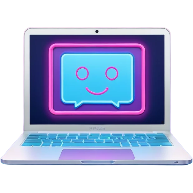 laptop computer with video chat displayed on screen, pink and light blue colors, with neon glow lines, blue neon light on top left, purple neon light on bottom right emoji