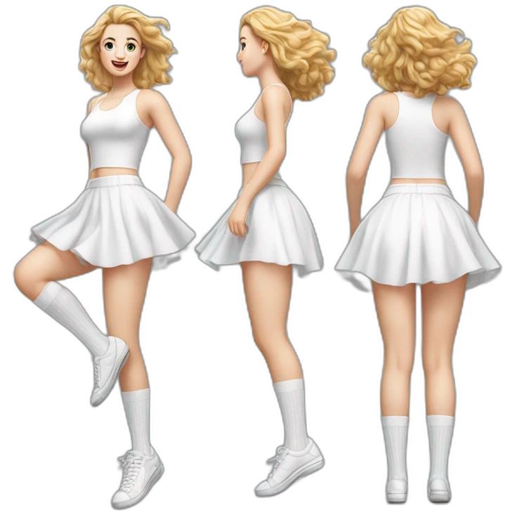 Hyperrealistic Full body Caucasian curvy beauty jumping short white skirt back and front views strong wind knickers long white socks emoji