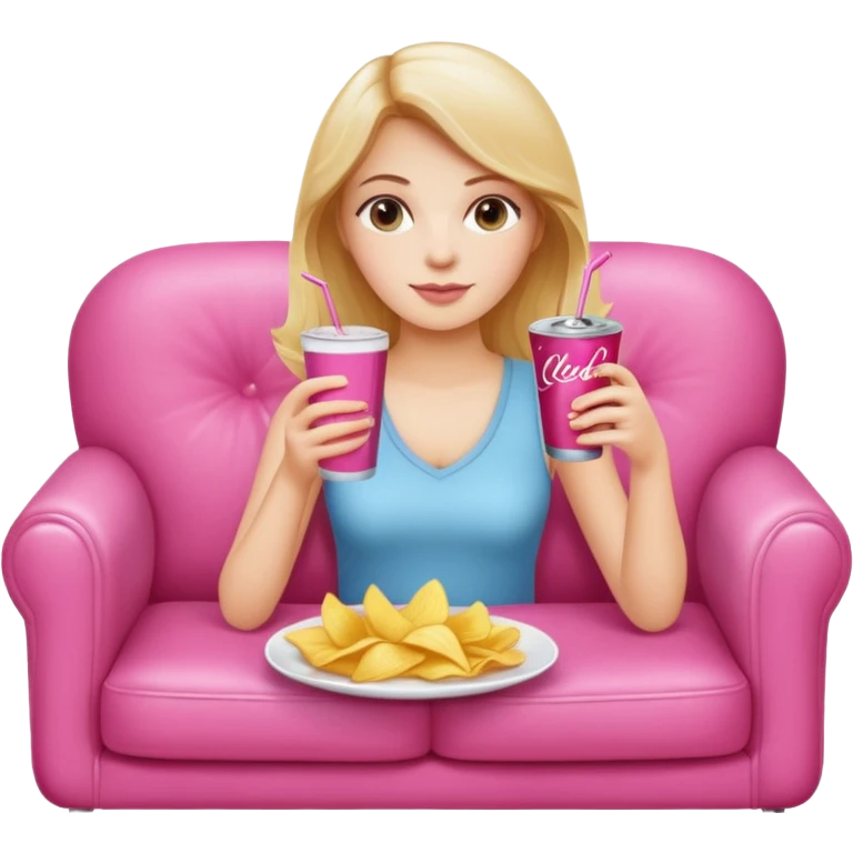 home white girl with plate of chips and soda drink, sitting at the pink sofa emoji