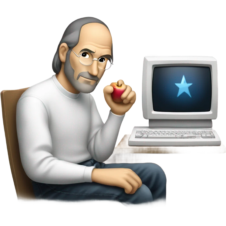 Steve Jobs with his hand on a Lisa computer emoji