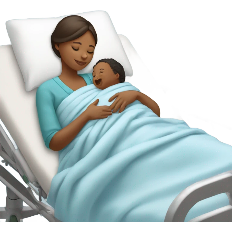 A mother lying on a hospital bed, cradling her newborn baby wrapped in a soft blue swaddle blanket.






 emoji