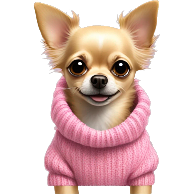 little scruffy coarse haired blonde chihuahua in a huge pink sweater emoji
