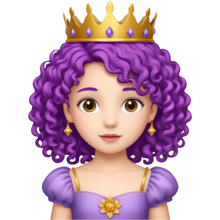 Princesses kid girl, with Gold Crown and flower on purple curly hair, with white dress emoji