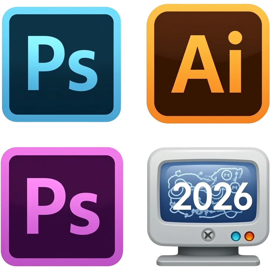 icone avec logo photoshop illustrator premiere pro 2026  plus un ordinateur emoji