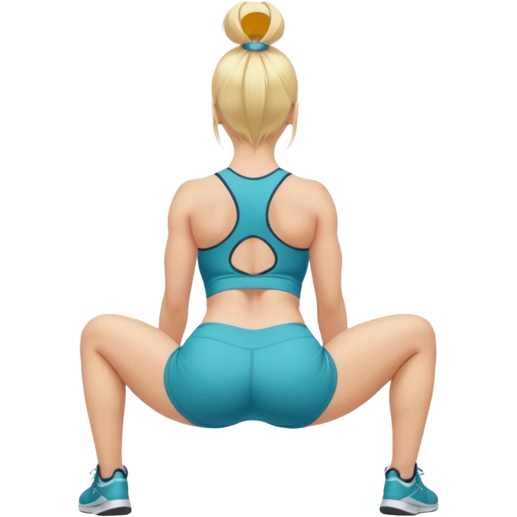 buxom blonde fitness trainer, back view, bending over, sitting on soles, SFW, sporty outfit, playful pose, no nudity emoji