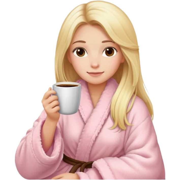 girl with long blonde hair sitting a cup of coffee wearing light pink fluffy to robe emoji