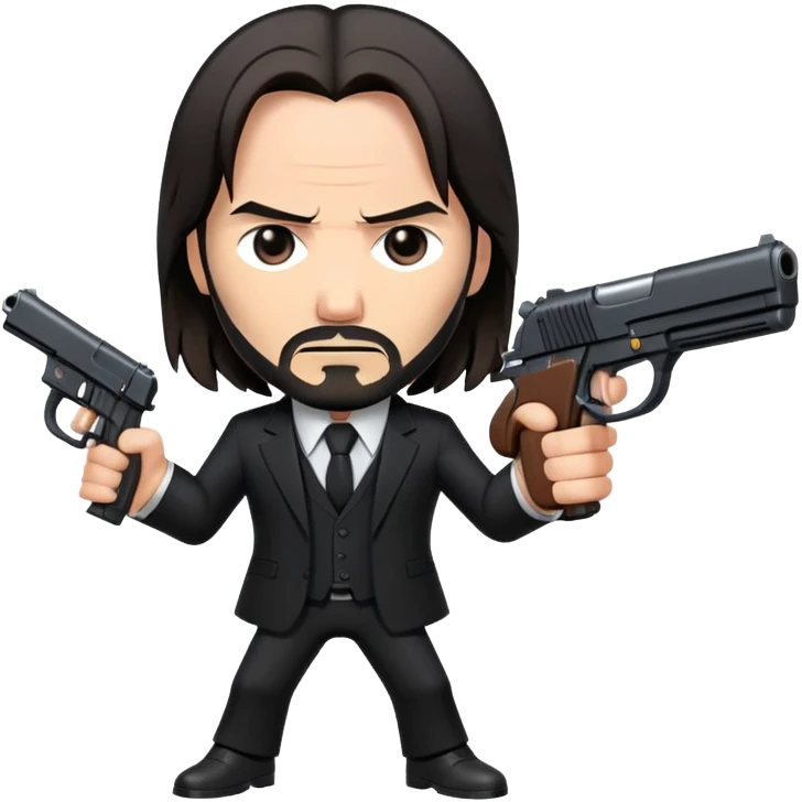 John Wick in black suit with long hair, determined expression, holding a gun emoji