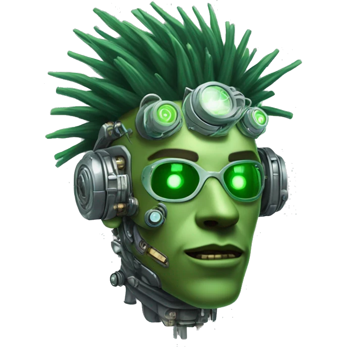 Green male cyborg head with green Mohawk, grey steampunk goggles and circuitry emoji