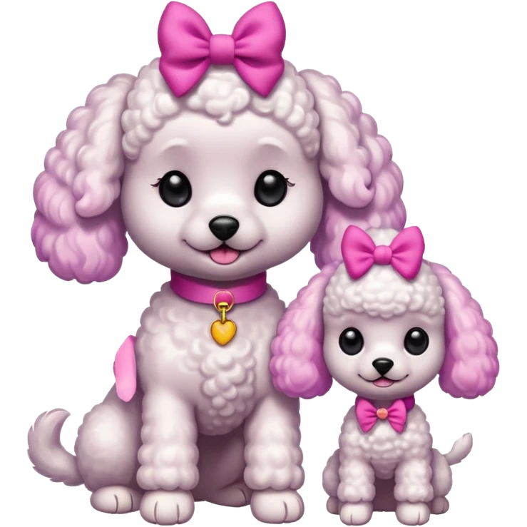 Two white toy poodle–style dogs, fluffy curly fur, round faces, black button eyes. Bright purple ears, hot-pink paws. One taller dog standing upright on hind legs wearing a large pastel pink bow on chest, one smaller round dog sitting. Cute plush emoji style. emoji