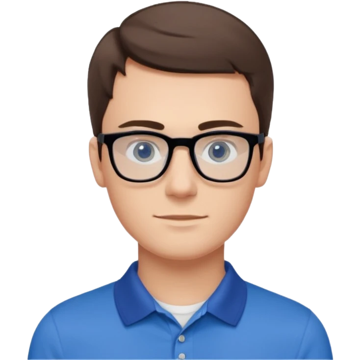 Young white man, late 20s, short brown hair, blue eyes, clean-shaven, thin black rectangular glasses, slim build, wearing a blue polo shirt, friendly and energetic look. emoji