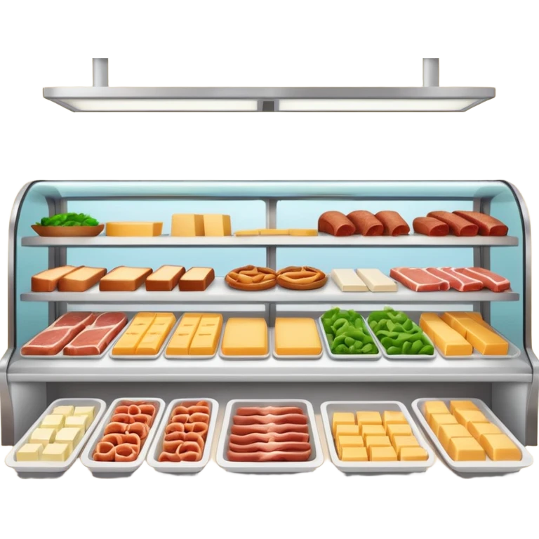 A 3D cartoon deli counter filled with meats, cheeses, and salads, bright lighting, Memoji-style realism. emoji
