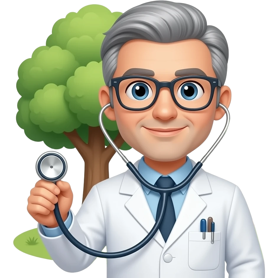 male doctor grey hair glasses holding stethoscope on a tree emoji
