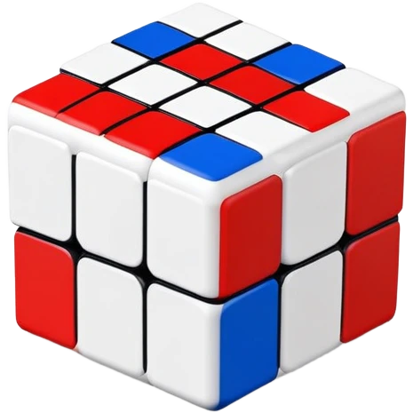 A minimalist 3x3 Rubik's Cube with only blue, red, and white colors, clean iOS emoji style, simple design emoji