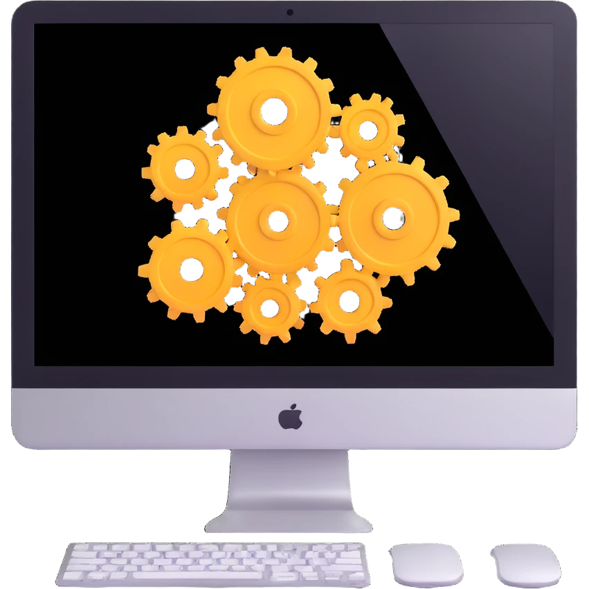 iMac computer with gears on the screen emoji