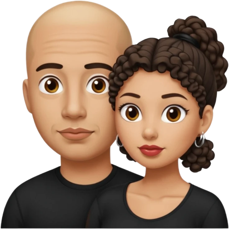A picture of a tanned couple. the man is a Mexican man with tanned skin, a bald hair cut, short shaved beard and wearing a black shirt. the woman is mixed, with curly medium length hair in a pony tail, with big boobs and lips  emoji