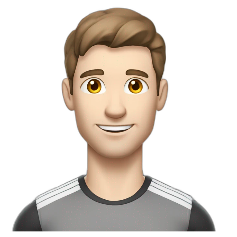 Pale skinned Fit Man With the biceps and brown hair in gray shirt, black sports shorts and white Sneakers Writing text on the flipchart emoji