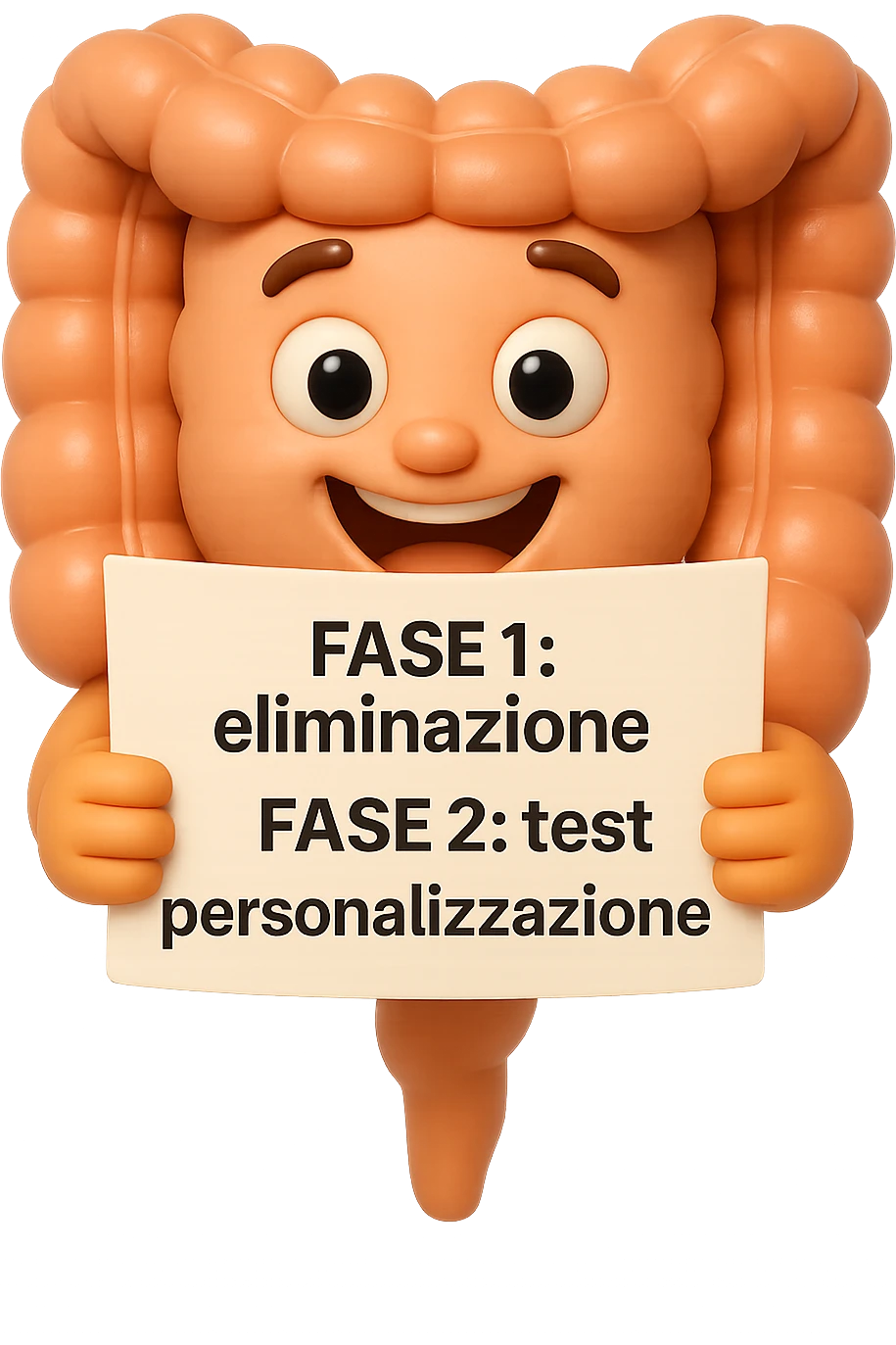 emoji stile iphone 3d di un intestino che tiene in mano un foglio con la scritta "FASE 1: eliminazione, FASE 2: test, FASE 3: personalizzazione, IPERREALISTICO 4K emoji
