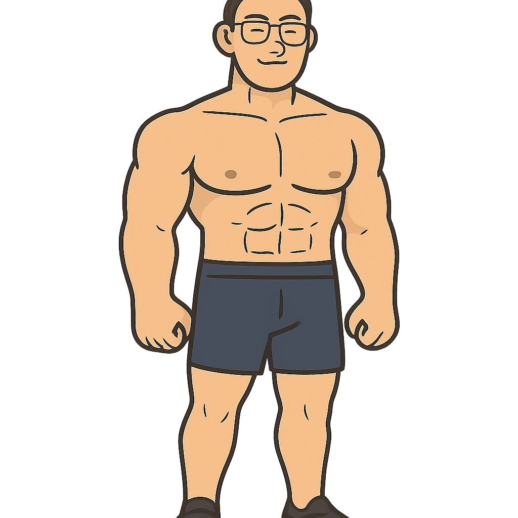 flat toon style muscular tall Korean man with glasses and short hair emoji