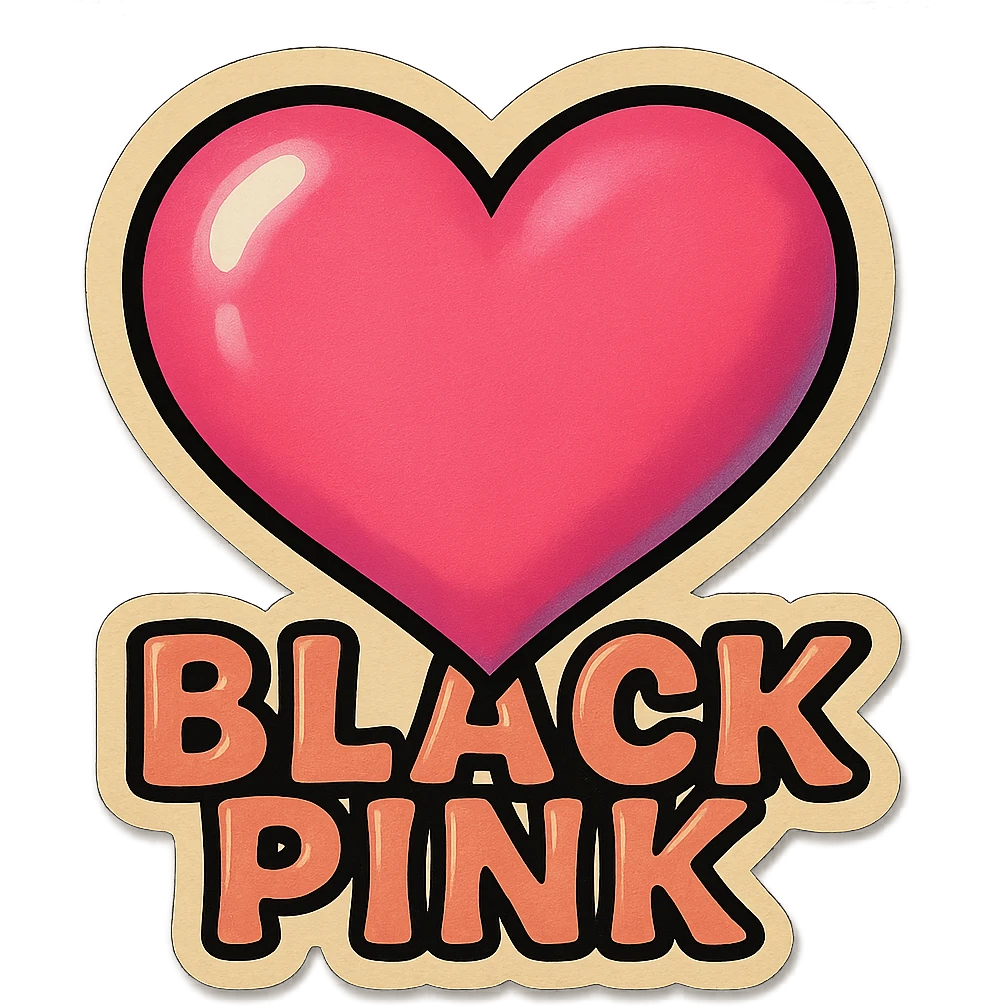 retro sticker style album cover with a large pink heart, black background, bold outlines, and the word 'BLACKPINK' in playful lettering emoji