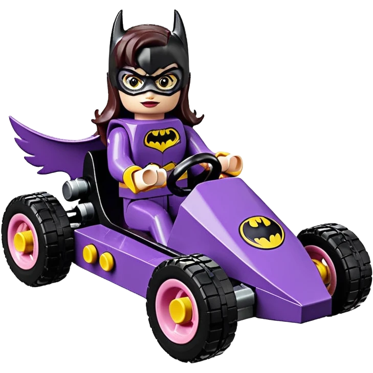 Hot full size real size-appearance electric racing action Lego BatGirl’s feminine midnight-colored tight outfit sixty’s tv show 1992 dark stealthy sporty safe plush petite off-road pursuit cruiser car rose gold accents (black hair,reclined and relaxed torso and shoulders seating position) go kart  emoji