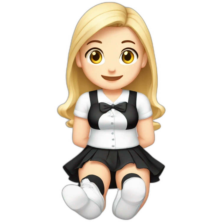 Front view full body curvy caucasian beauty sitting straight hands up black skirt white knickers white socks emoji