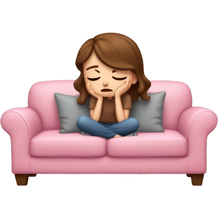 sad white girl with brown hair crying on the cozy pink couch  emoji