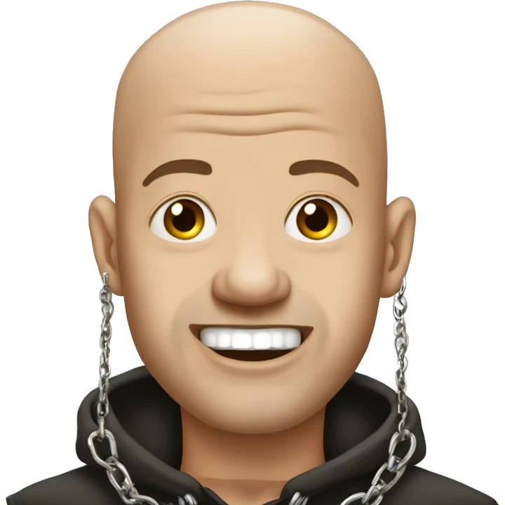 almost bald man with earrings and a chain. he has his tounge out and his two hands are foward s if he was trying to grab us emoji