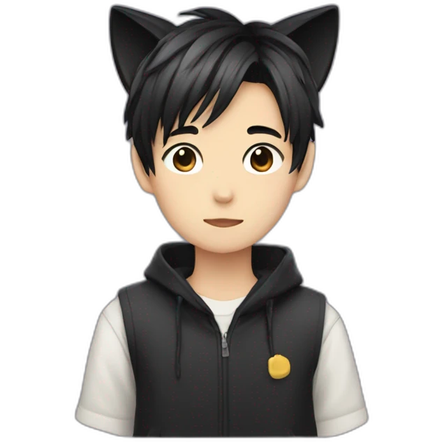 Japanese boy, with black cat ears and a cute hair style in black emoji
