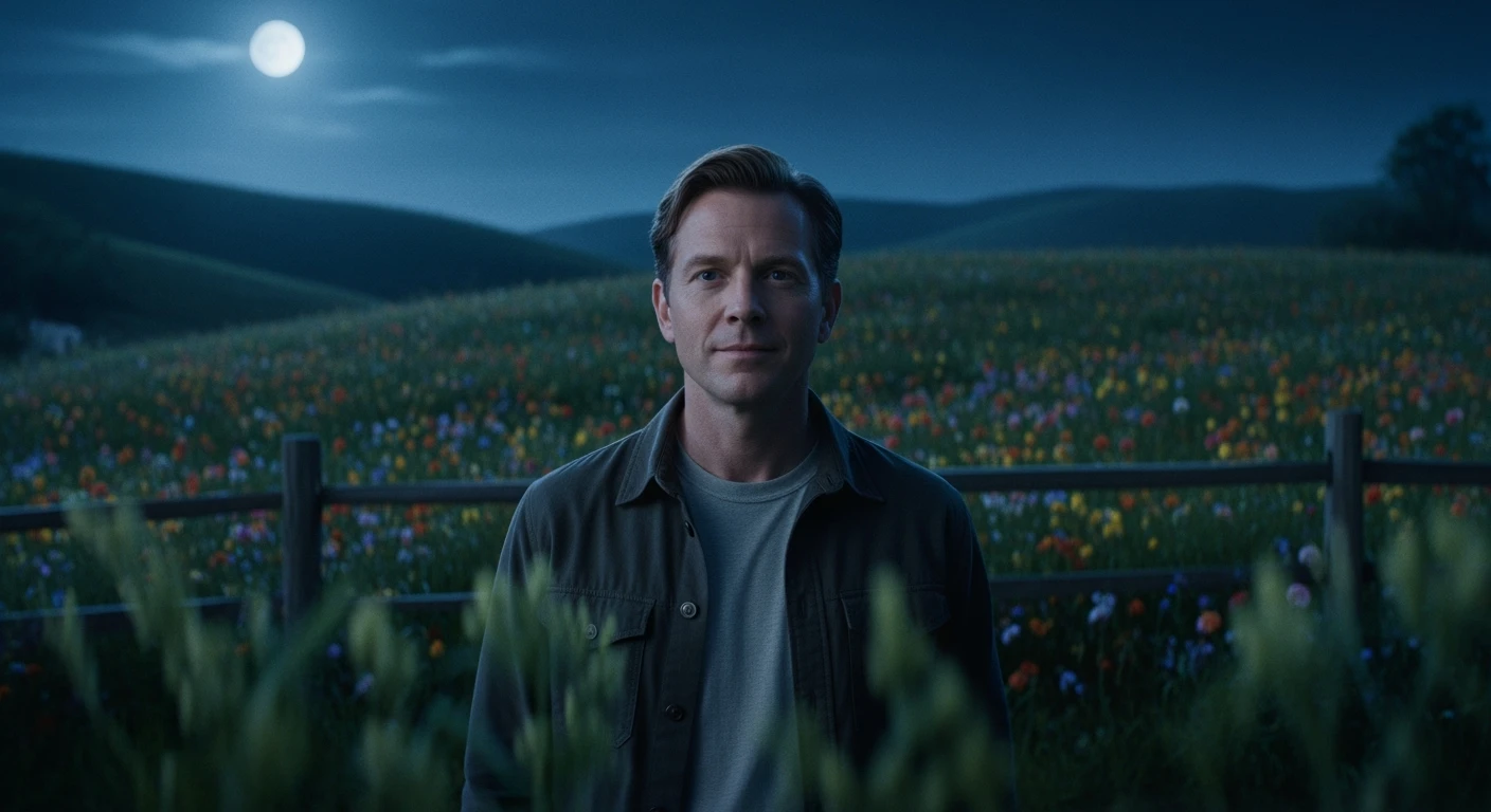 A portrait of a white person in the foreground, blurred plants in the foreground, a wooden fence and colorfull flowers in the midground, rolling hills in the background, cinematic depth of field, layered composition, moon back light (Blue night) emoji